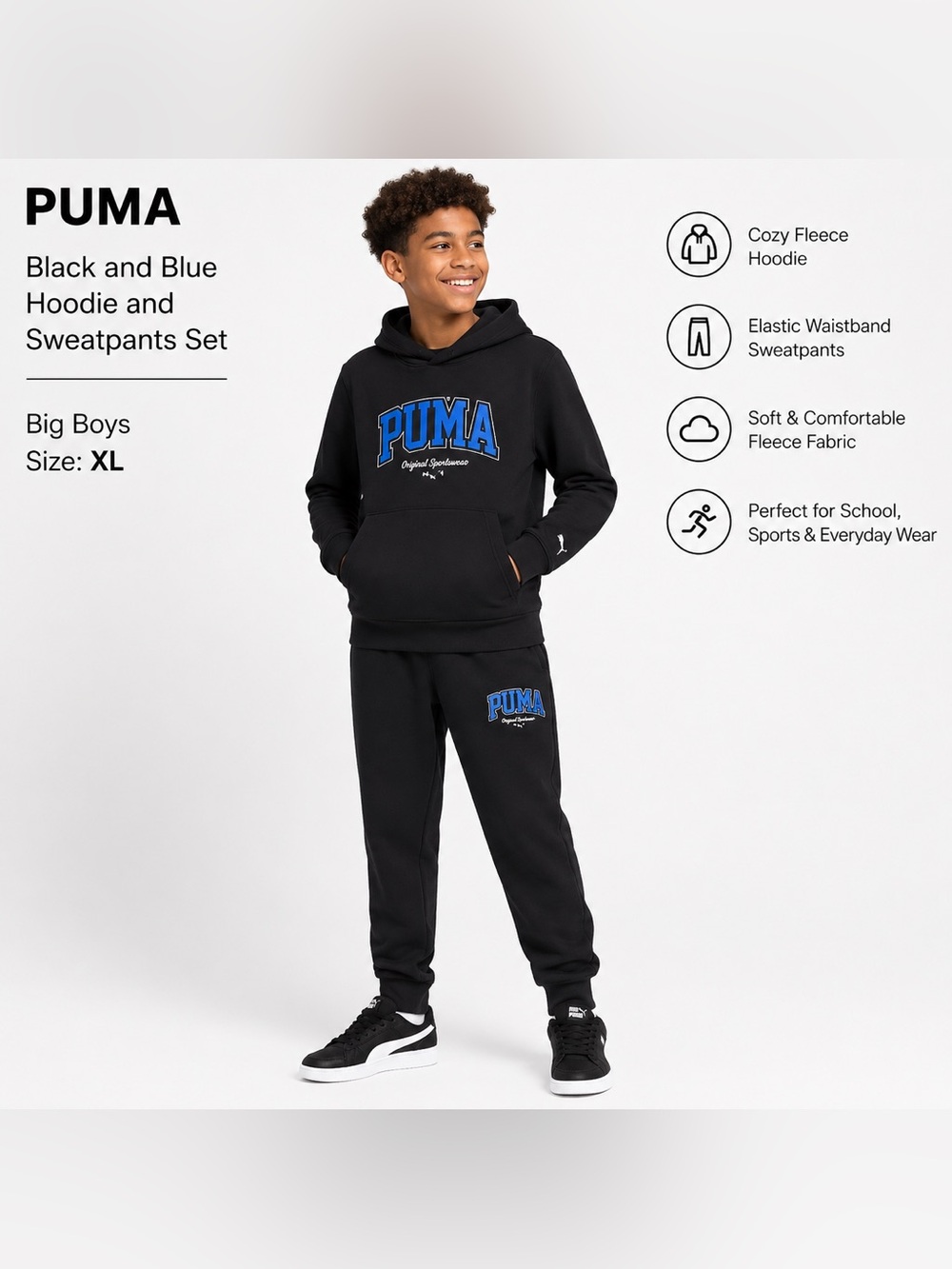 PUMA Black and Blue Hoodie and Sweatpants Set/big boys size XL